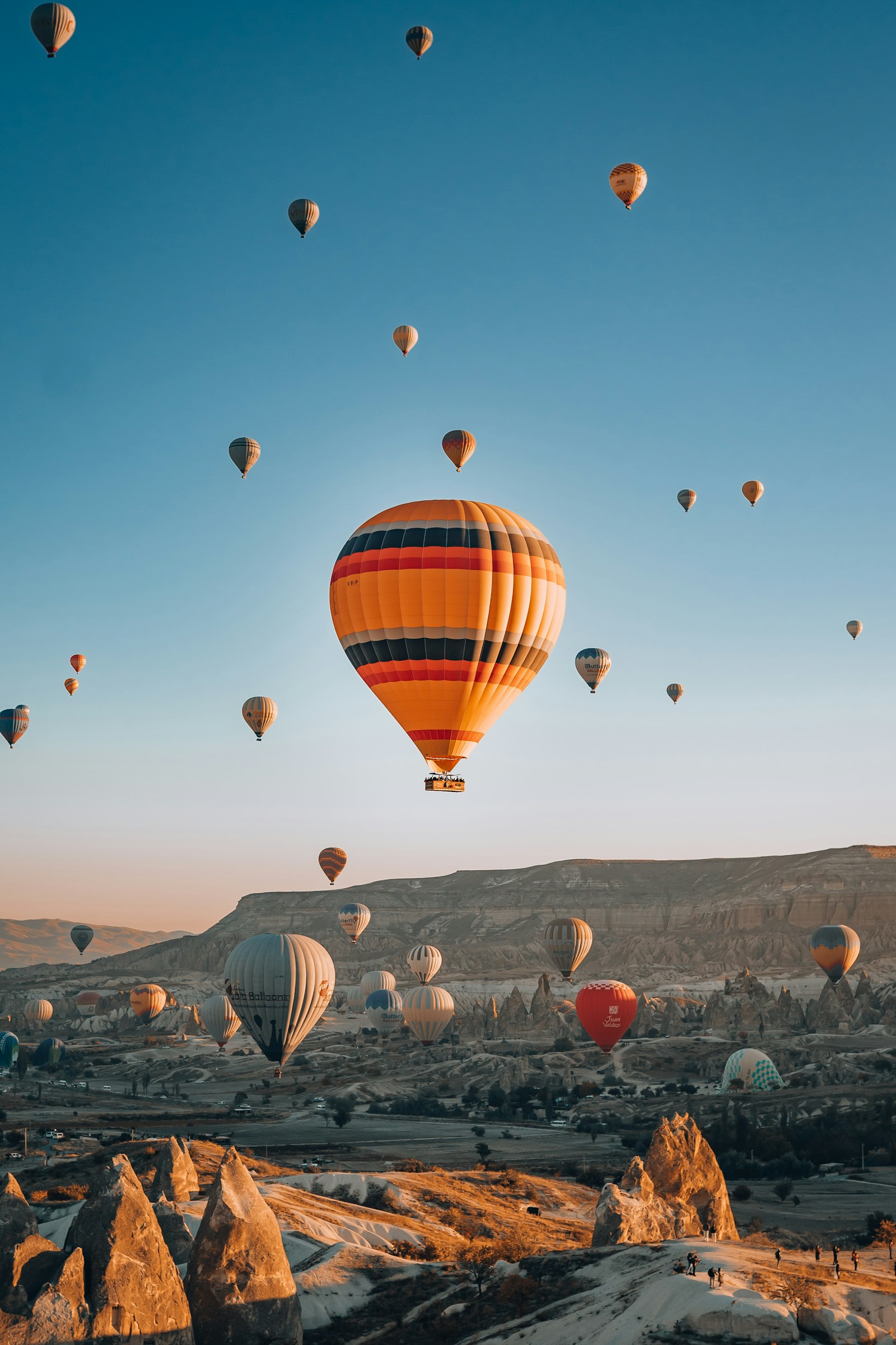 Hot air balloons over the fairy chimneys of Cappadocia, Turkey