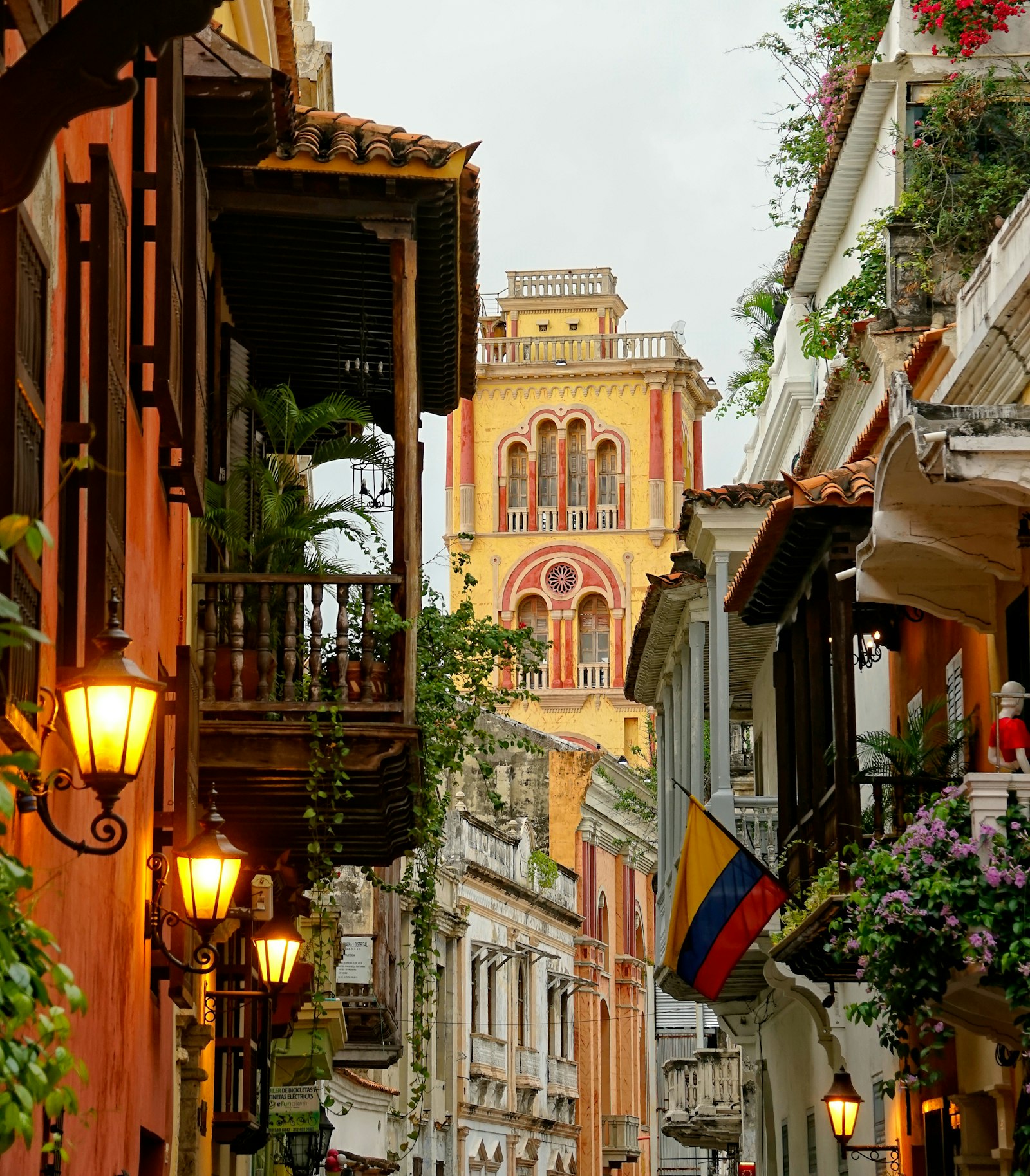 Colonial balconies and the Colombian flag in Cartagena's walled city