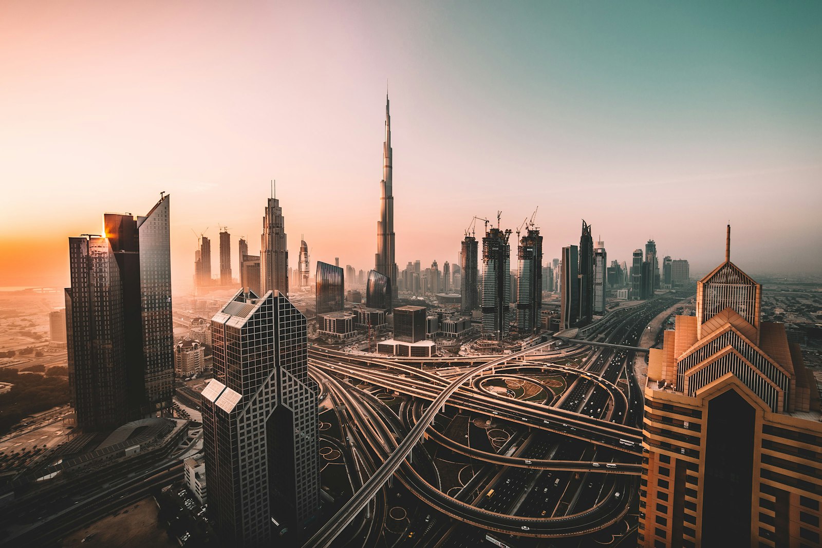 Burj Khalifa and the Dubai skyline at sunset, United Arab Emirates