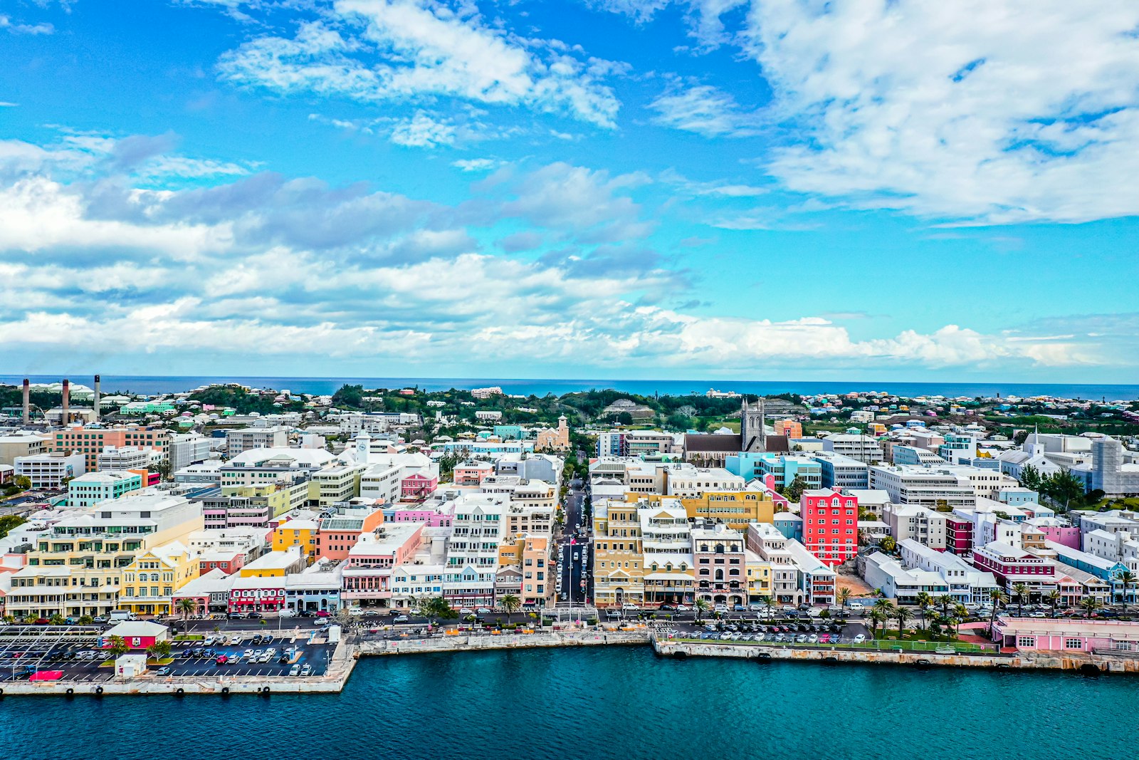Pastel-coloured Hamilton waterfront with the harbour, Bermuda