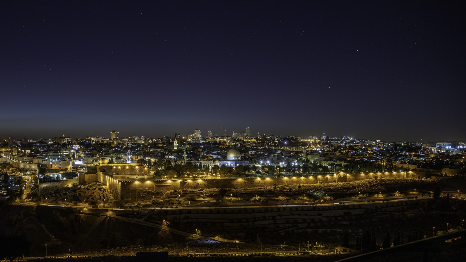 Jerusalem Old City at night with the Dome of the Rock illuminated