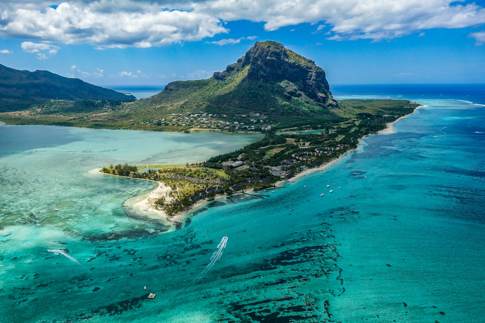 Aerial view of Le Morne Brabant peninsula and turquoise lagoon, Mauritius