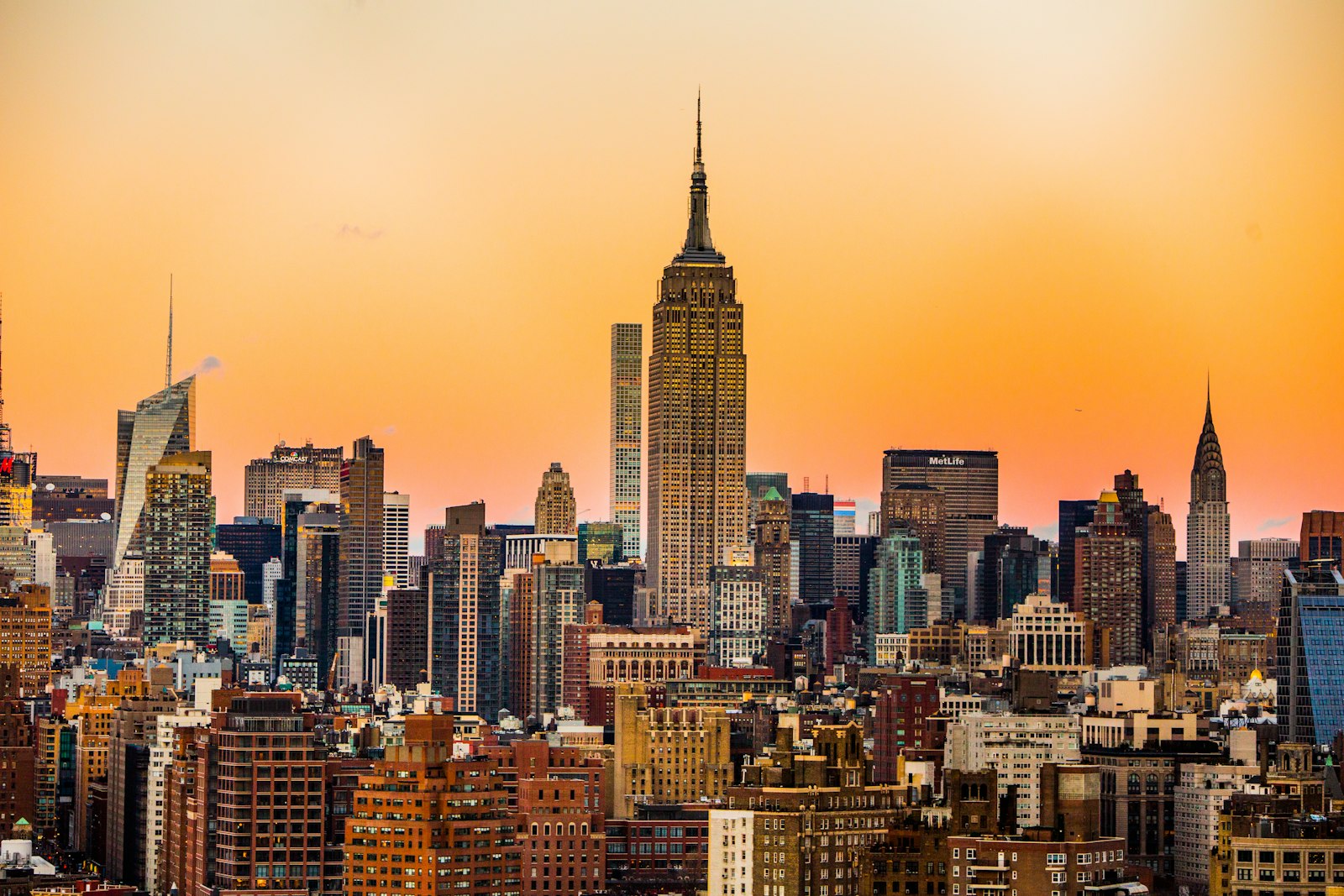 Manhattan skyline with the Empire State Building at sunset, New York City
