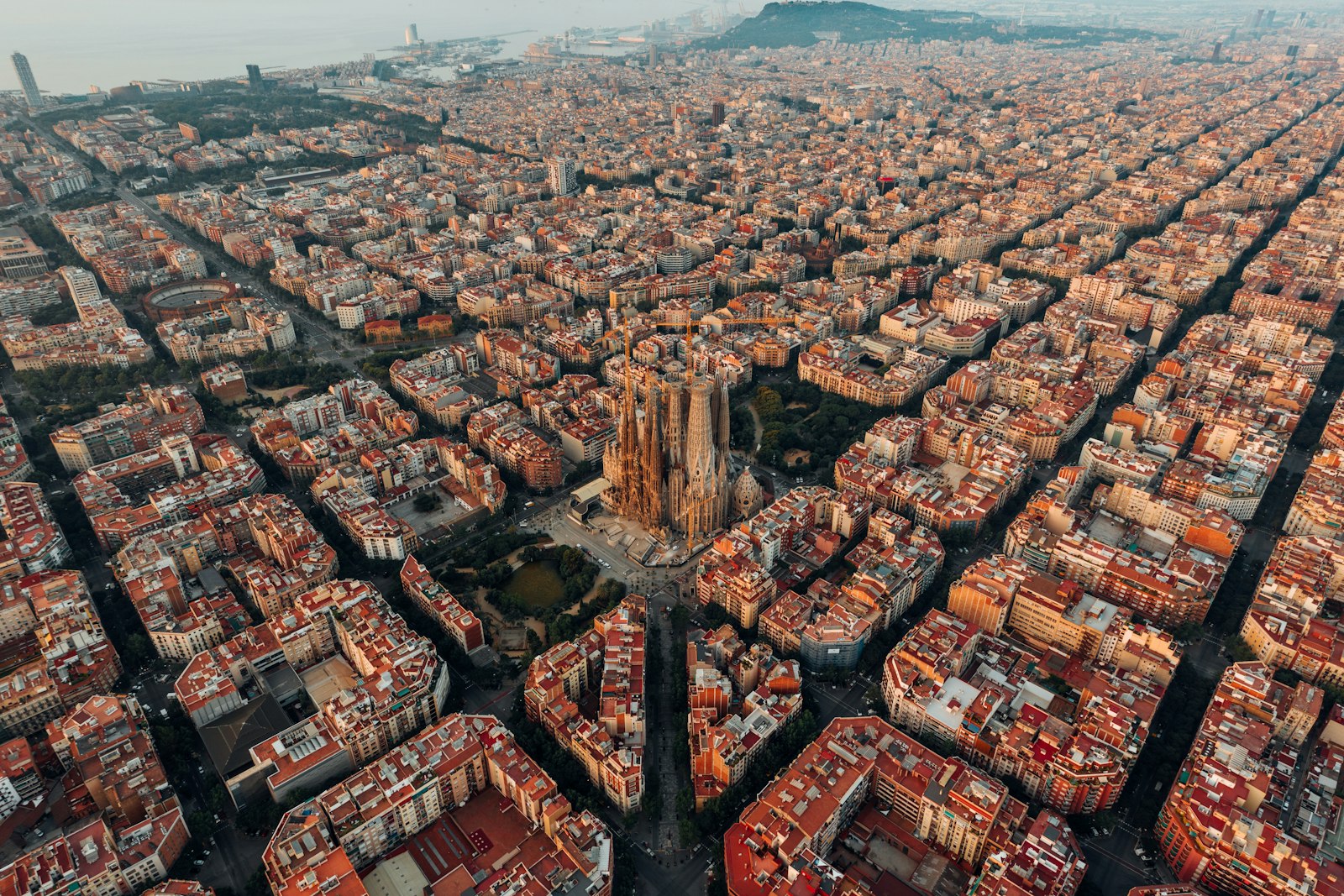 Aerial view of the Sagrada Família and Barcelona's Eixample grid