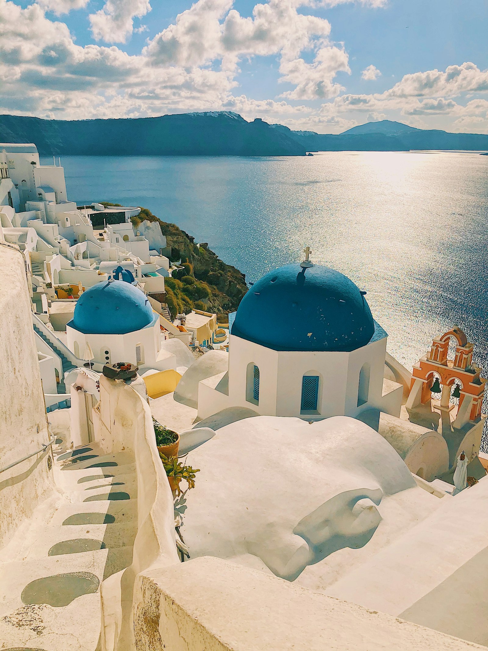 White-and-blue churches above the Santorini caldera in Oia, Greece