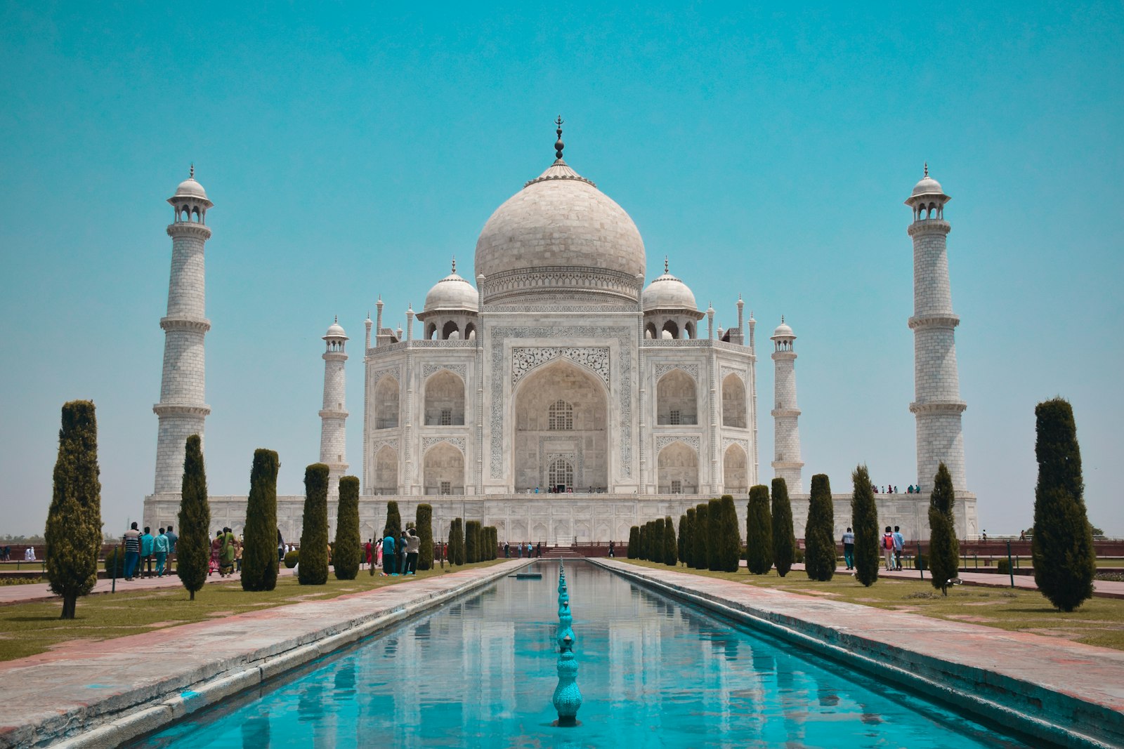The Taj Mahal reflected in its long pool, Agra, India